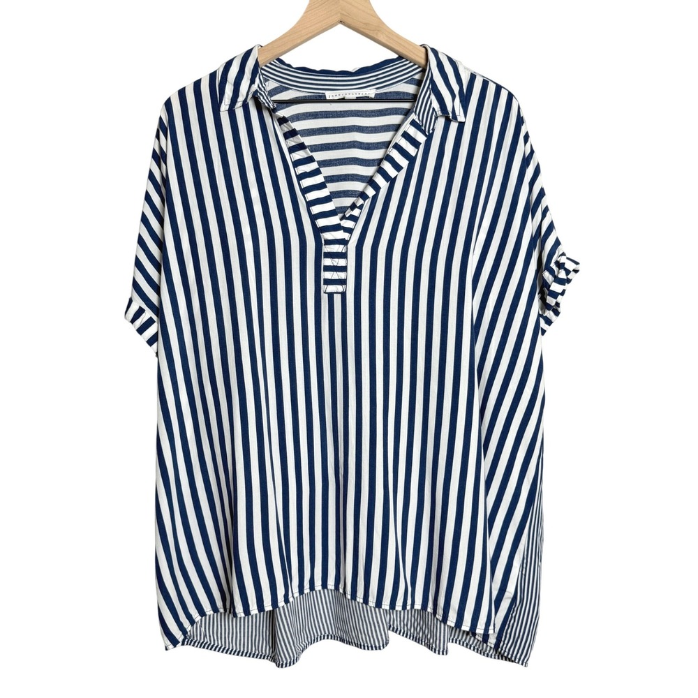 Jane + Delancey Womens Popover Shirt 2X Blue Stripe Nautical Office‎ Casual
